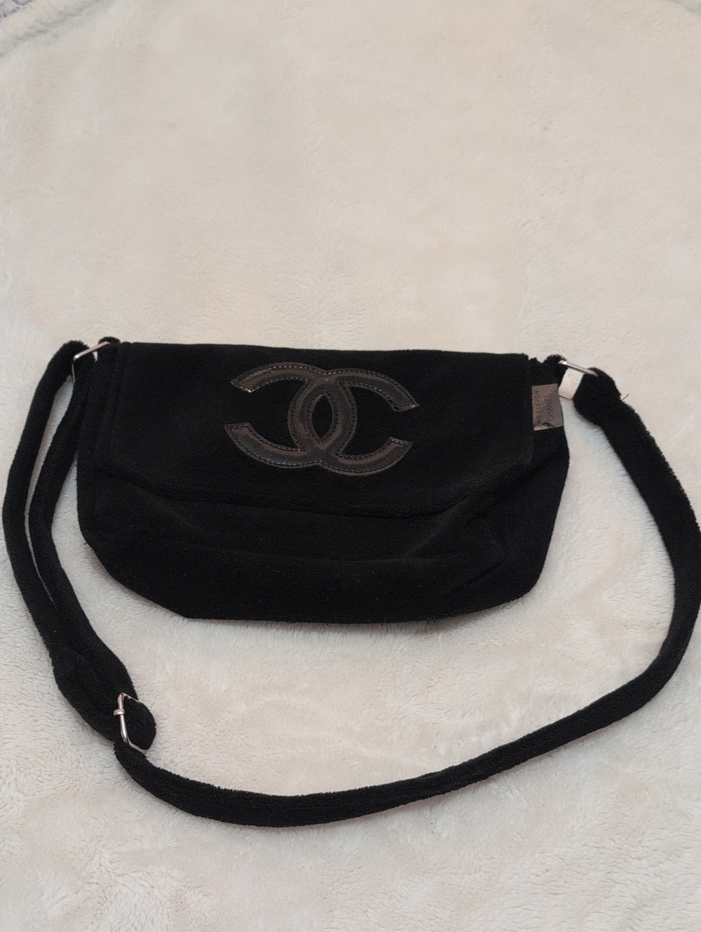 CHANEL Black Suede Crossbody Bag with CC Patch
